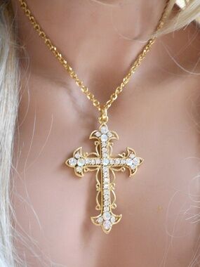 Large Cross Necklace Quality Amber Crystals Gold Plated